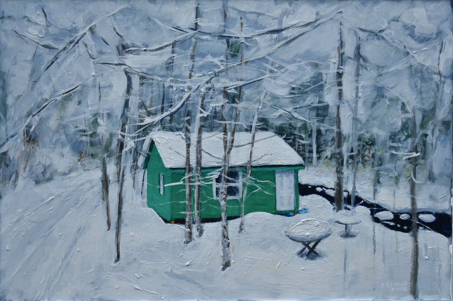 Green Camp in Snow Stephen Remick Original painting for sale