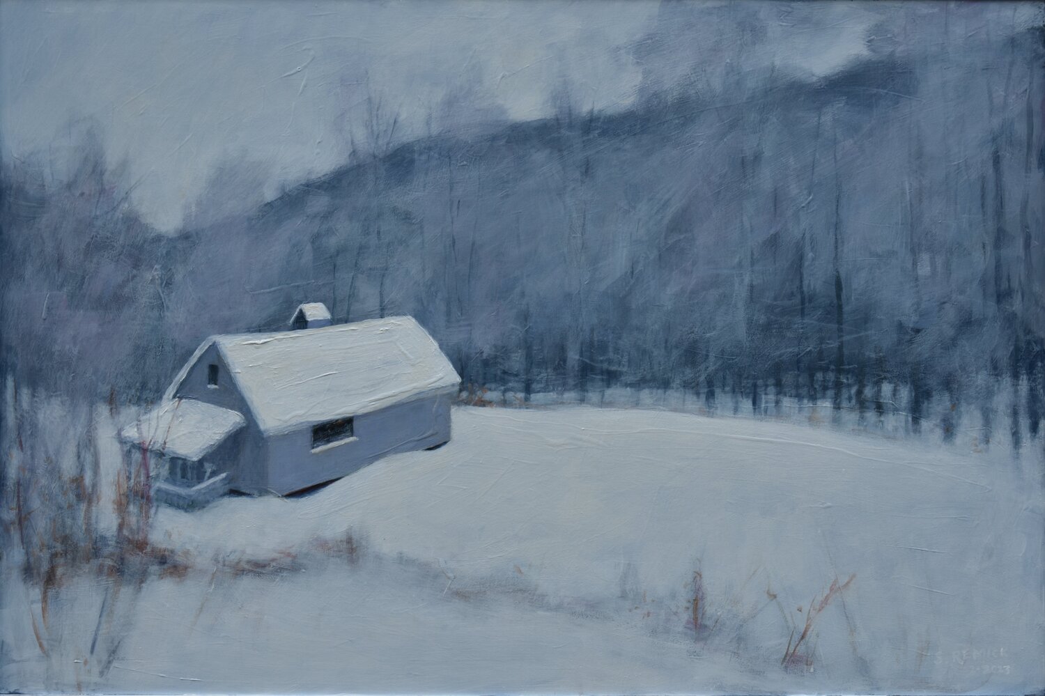 Gray Camp in Snow Stephen Remick Original painting for sale