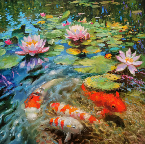 Water lilies and koi carp by Dmitry Spiros, Painting for Sale on Select