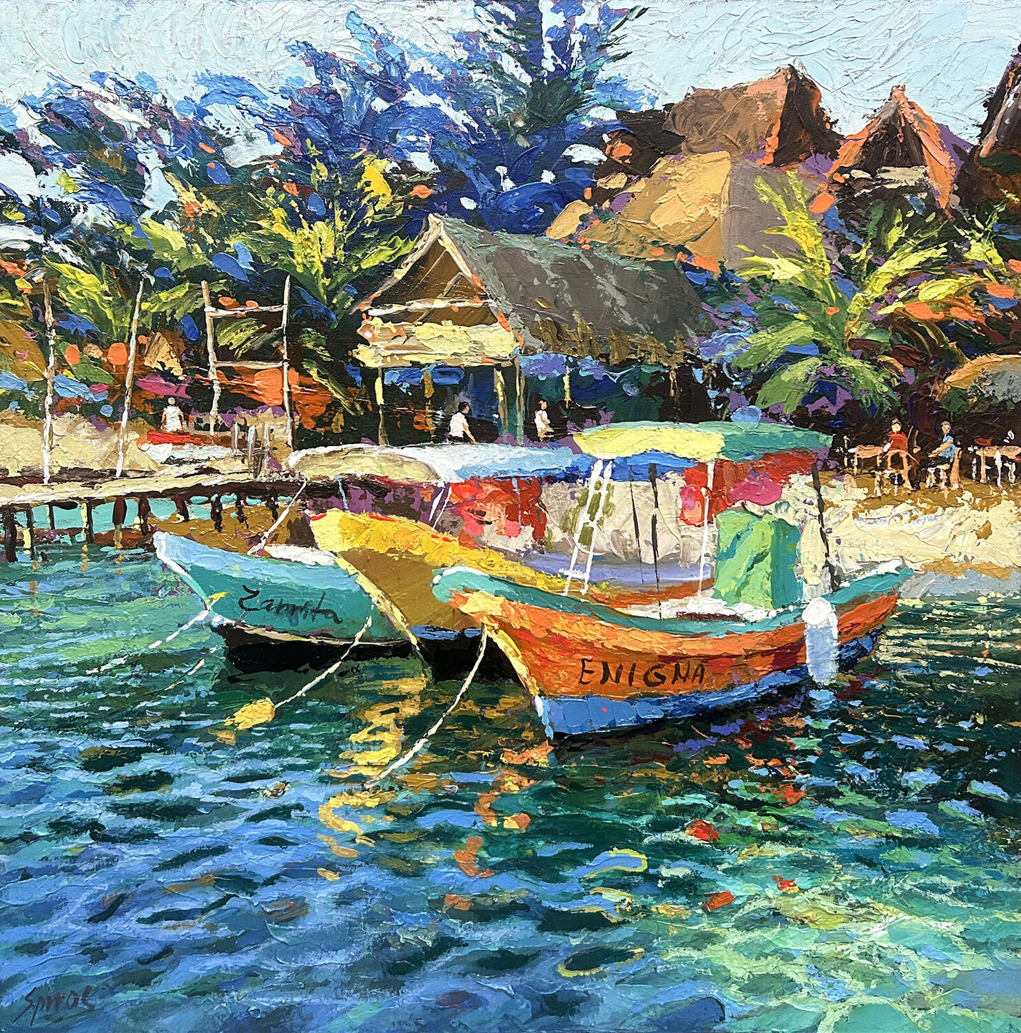 Evening Boats on the island Dmitry Spiros Original painting for sale