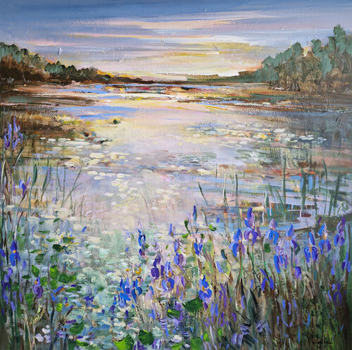 Blue irises at the evening pond by Irina Laube, Painting for Sale on Select
