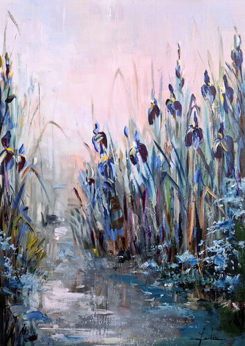 Blue Irises at Dawn by Irina Laube, Painting for Sale on Select