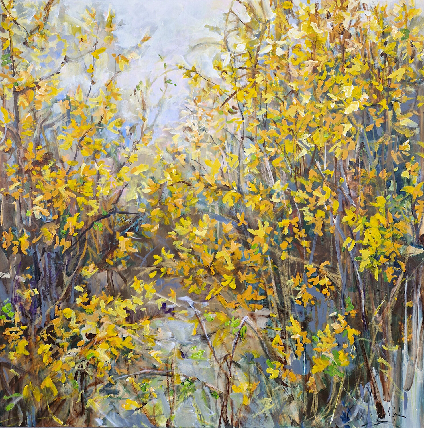 Blooming forsythia Irina Laube Original painting for sale