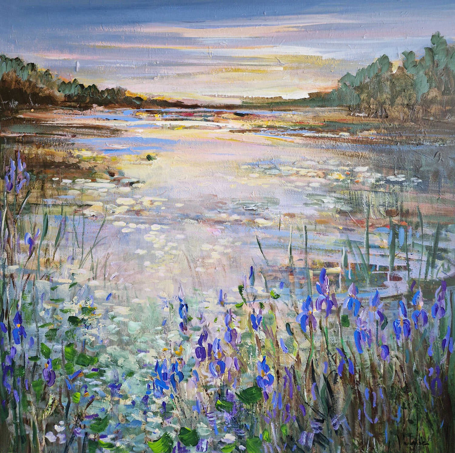 Blue irises at the evening pond Irina Laube Original painting for sale