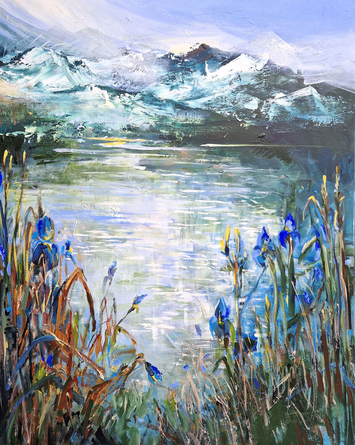 Blue irises at the lake Irina Laube Original painting for sale