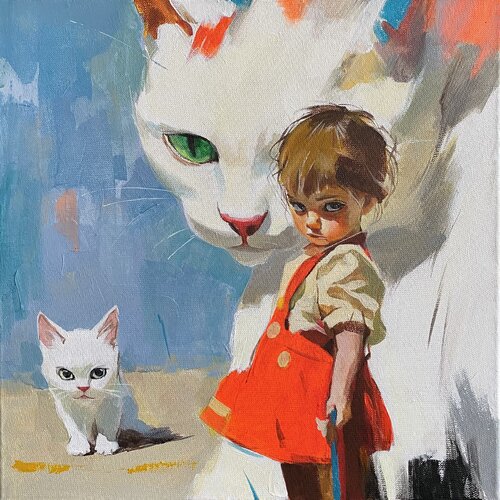 Furry Friends - Little Girl and Cats by Mariia Kotiuzhynska, Painting for Sale on Select