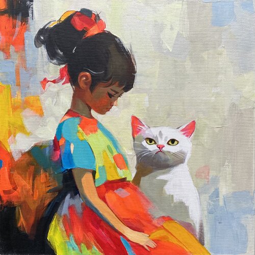 Best Friend - Little Girl and Cat by Mariia Kotiuzhynska, Painting for Sale on Select