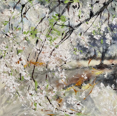 Garden with apple trees blossom by Liliya Kirchberger, Painting for Sale on Select
