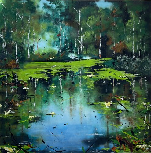 Forest lake with lilies in spring by Liliya Kirchberger, Painting for Sale on Select