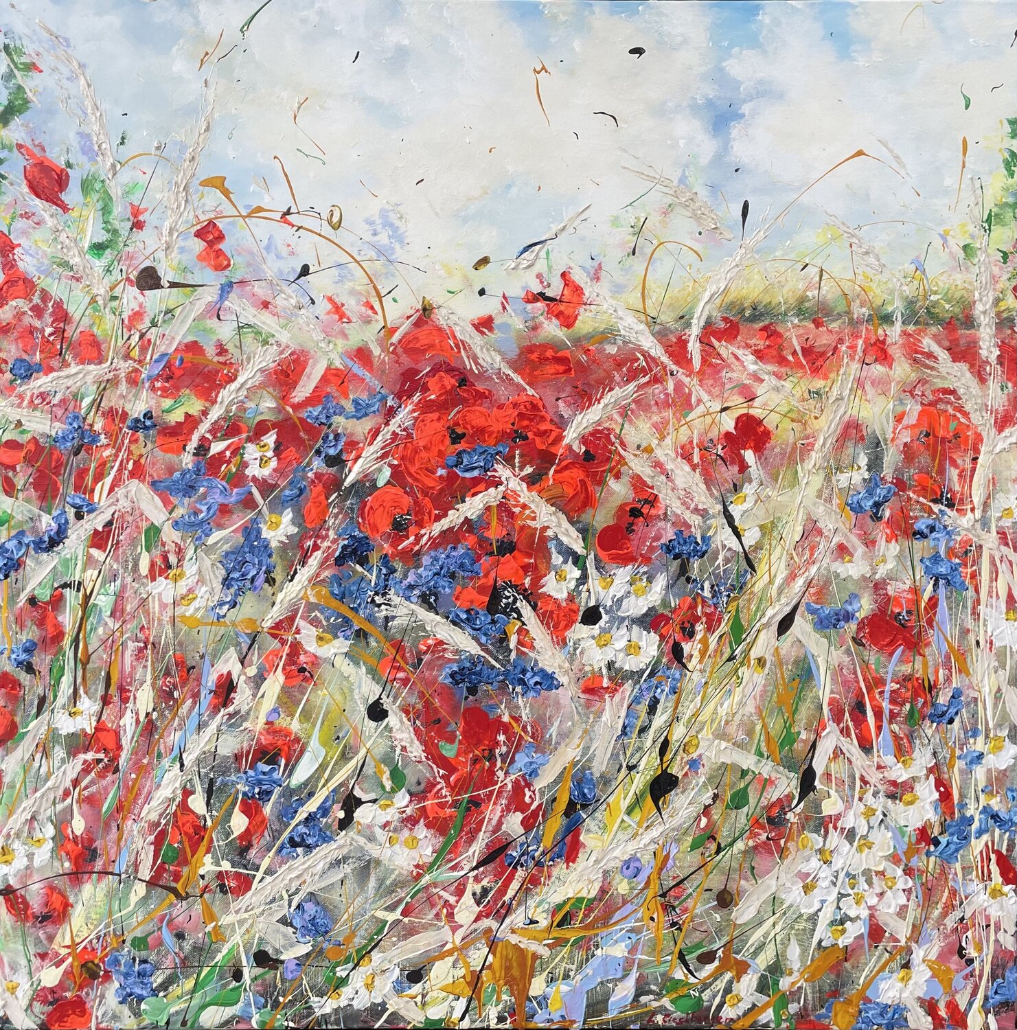 Fields with poppy flowers in summer Liliya Kirchberger Original painting for sale