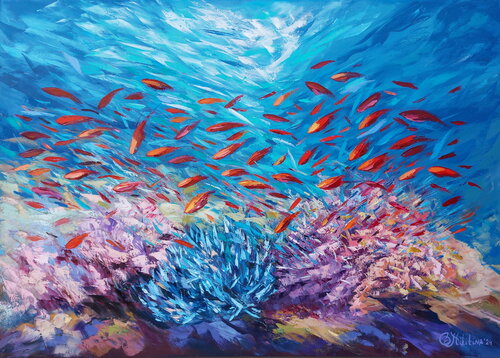 Red Fish in Pink Coral von Olga Nikitina, Malerei kaufen auf Select