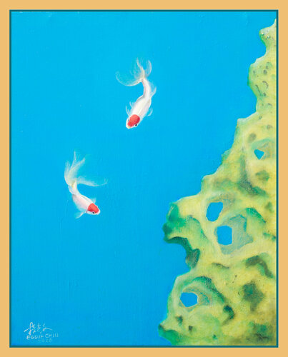 Golden fishes & rock by Eddie Chiu, Painting for Sale on Select