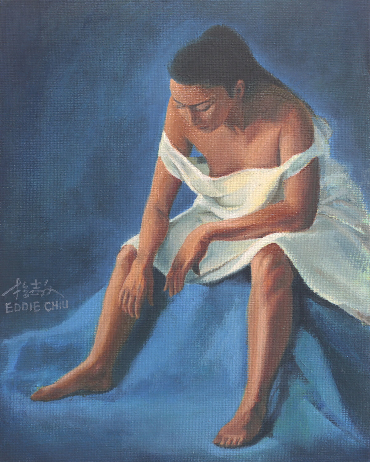 White lady in blue ambience Eddie Chiu Original painting for sale