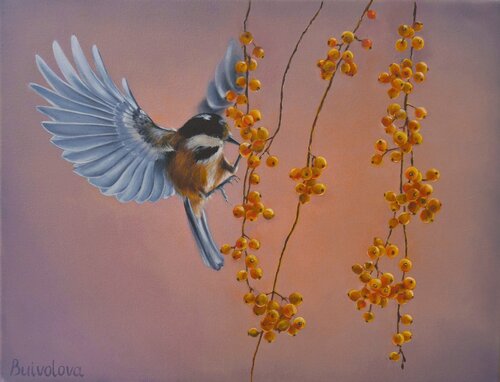 Bird and Autumn Berries by Iryna Buivolova, Painting for Sale on Select