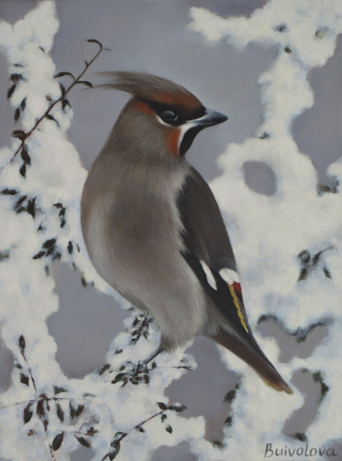 Bird in the winter garden Iryna Buivolova Original painting for sale