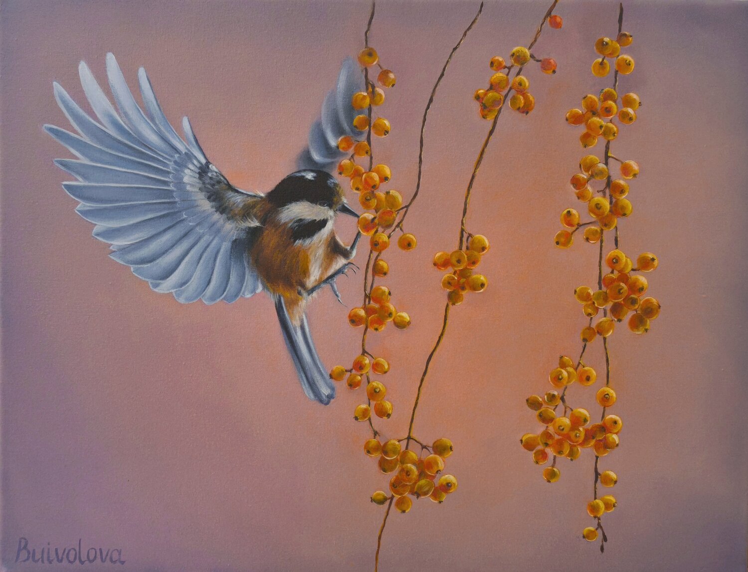 Bird and Autumn Berries Iryna Buivolova Original painting for sale