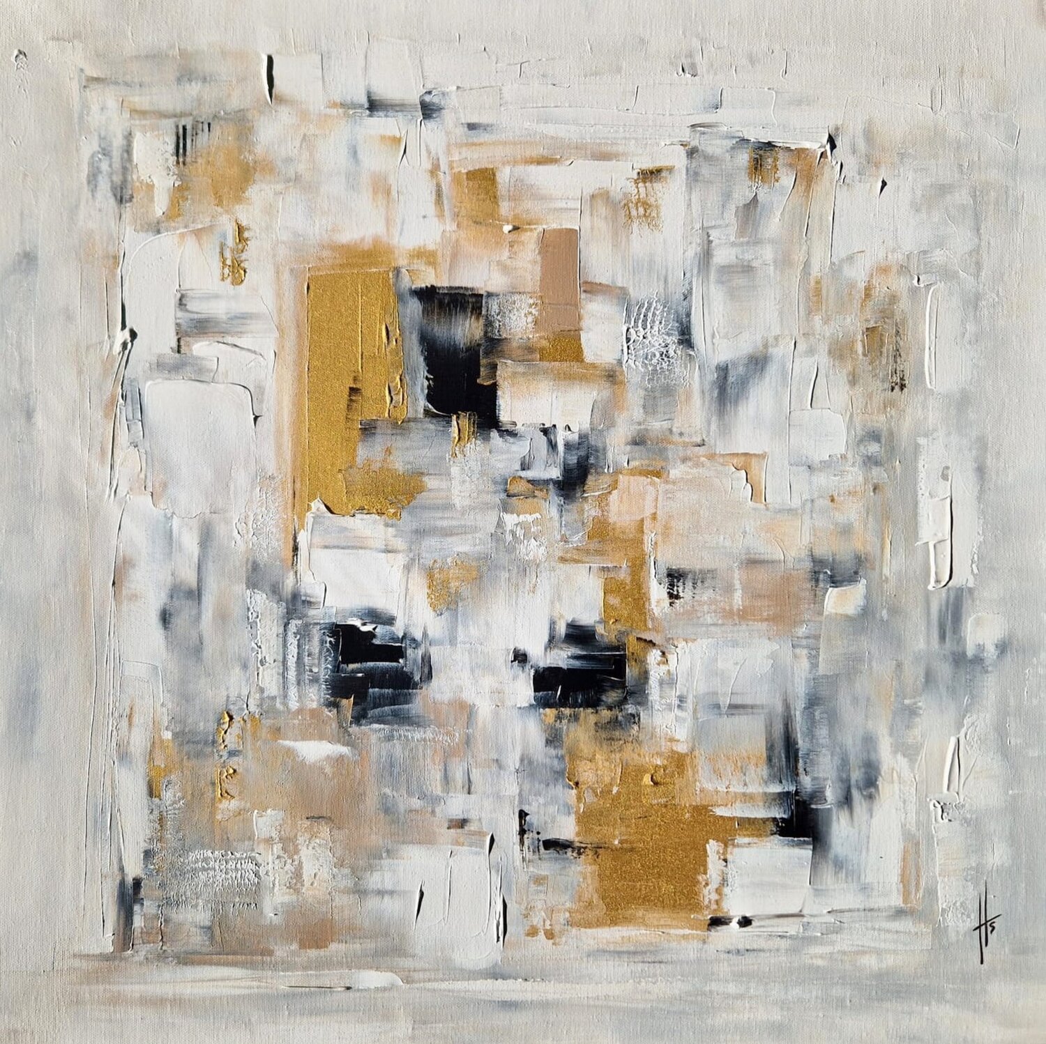 TABLEAU ABSTRAIT BLANC ET OR STRUCTURE LIBRE Sandrine Hartmann Original painting for sale