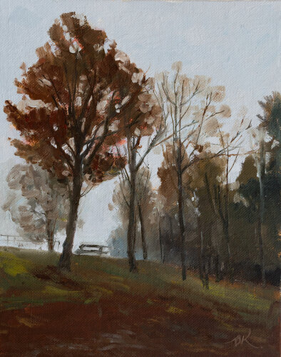 Foggy evening in October oil study by Oleg Kamaev, Painting for Sale on Select
