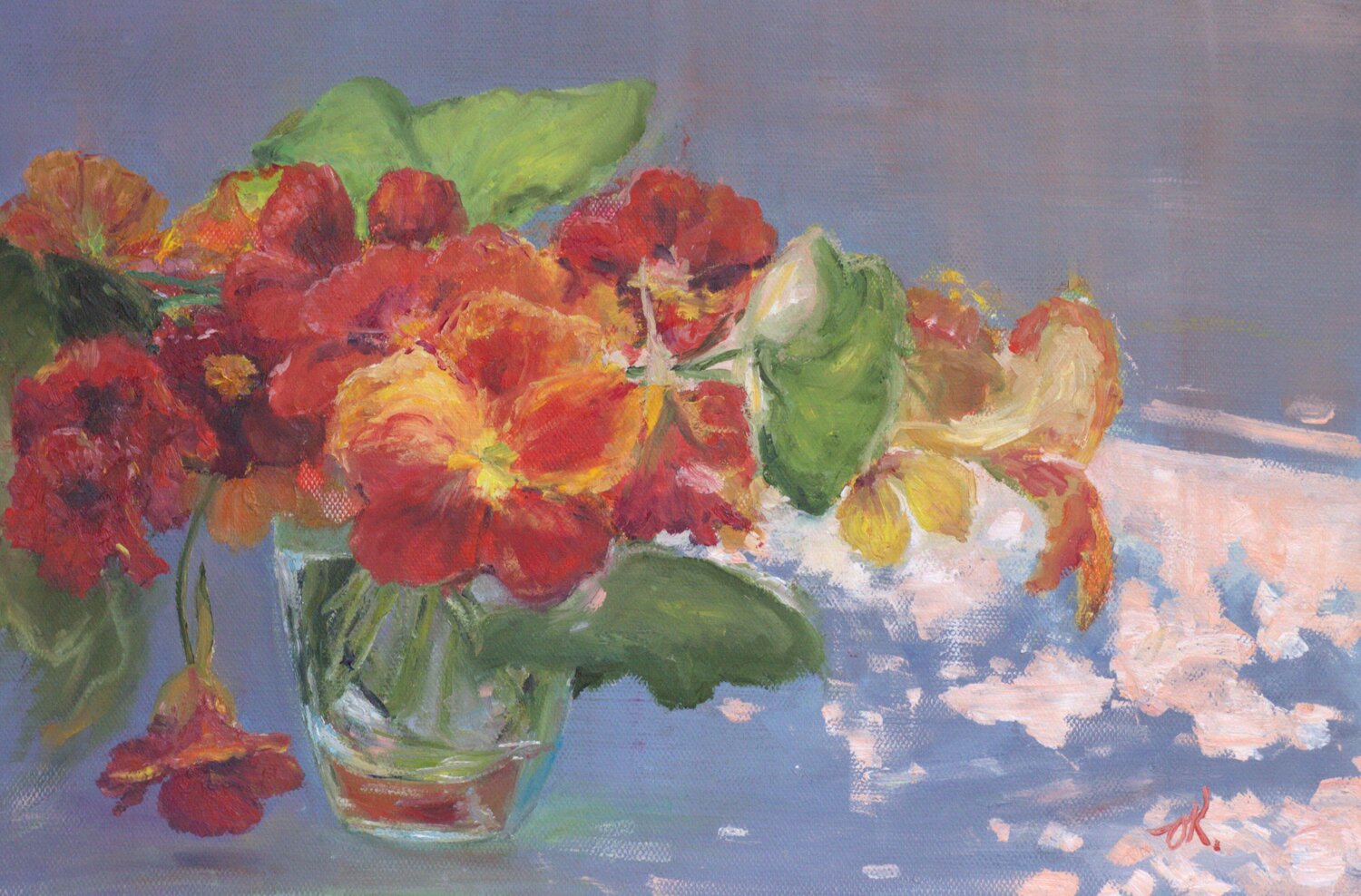 Nasturtiums In A Glass Oleg Kamaev Original painting for sale