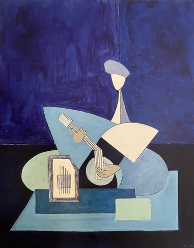Sitarist in blue cubist tone by Michel TESTARD, Painting for Sale on Select