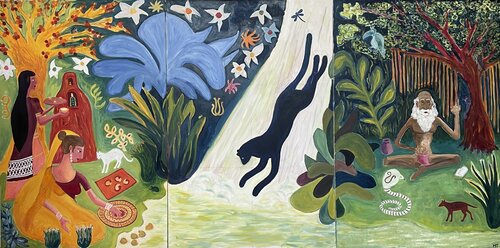 Ladies, Bagheera and a Sage Yogi by Michel TESTARD, Painting for Sale on Select