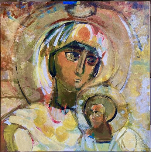 Icône contemporaine de la Mère de Dieu à l’Enfant by Maria Magdalena Lazar, Painting for Sale on Select