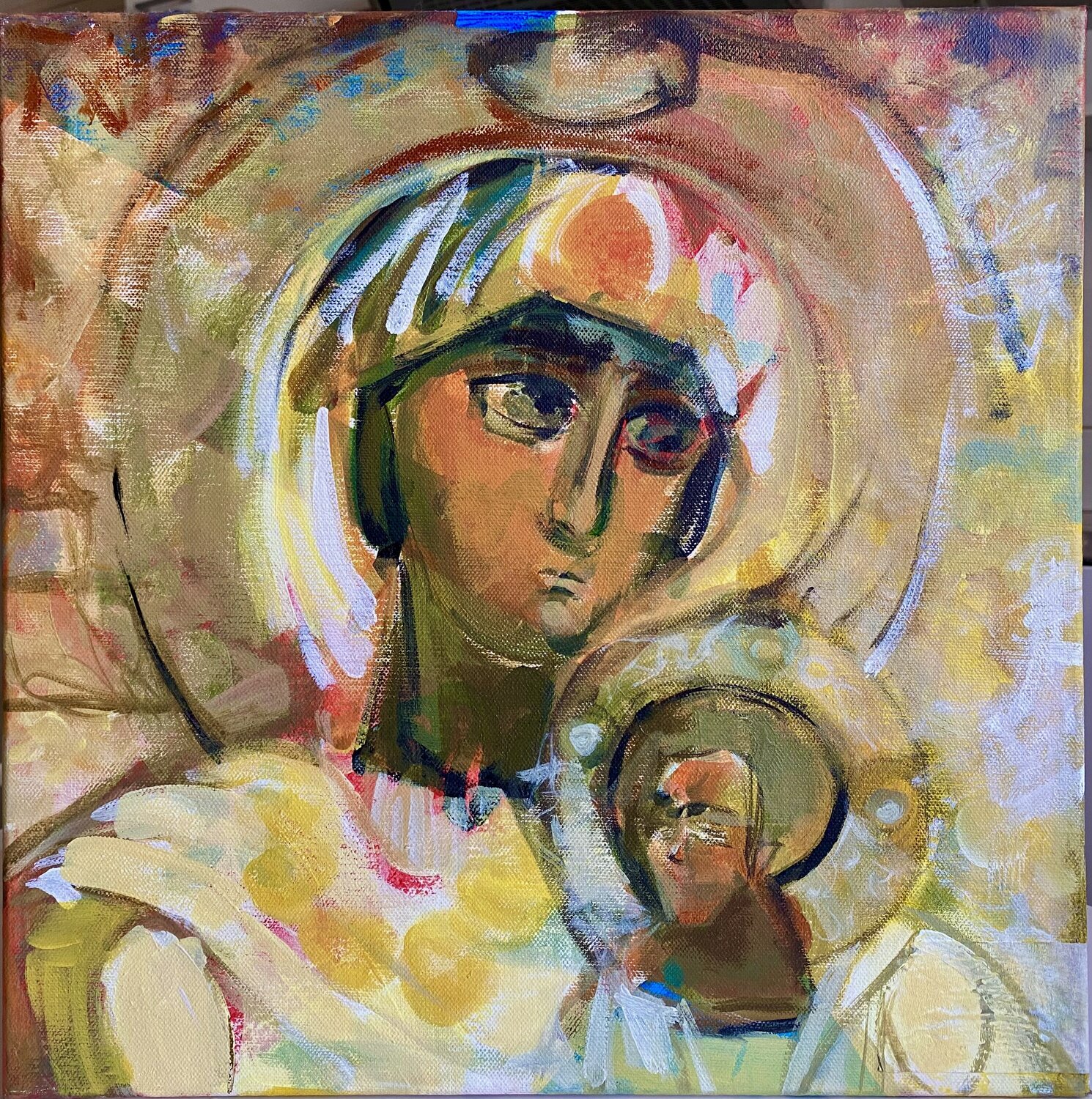 Icône contemporaine de la Mère de Dieu à l’Enfant Maria Magdalena Lazar Original painting for sale