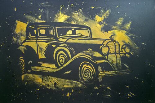 Time in Motion – Golden Abstract Vintage Car by Ma$k V., Painting for Sale on Select