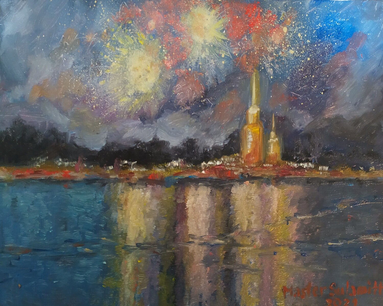 Fireworks on the Neva embankment. Saint-Petersburg. Russia. Svetlana Ivanova Drawing for sale