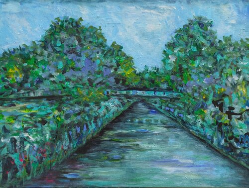 A blue bridge in the outskirts of Frankfurt by Pia Grambart, Painting for Sale on Select