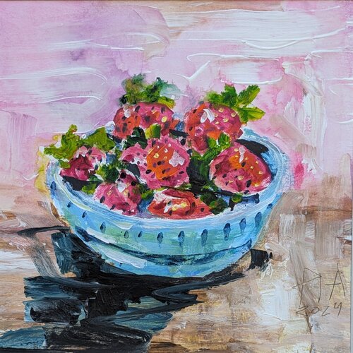 Strawberries in a blue bowl by Pia Grambart, Painting for Sale on Select