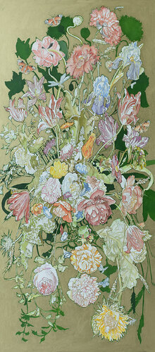 still live with tulips, poppy's , iris and rose on gold by Daan van Doorn, Painting for Sale on Select