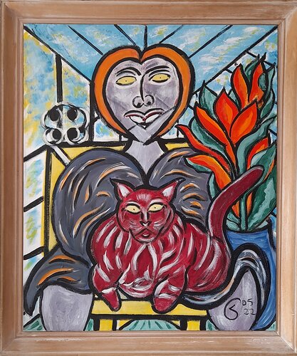 MUJER CON SU GATO SENTADA BAJO DE LA VERANDA by José Garcia Arrojo, Painting for Sale on Select