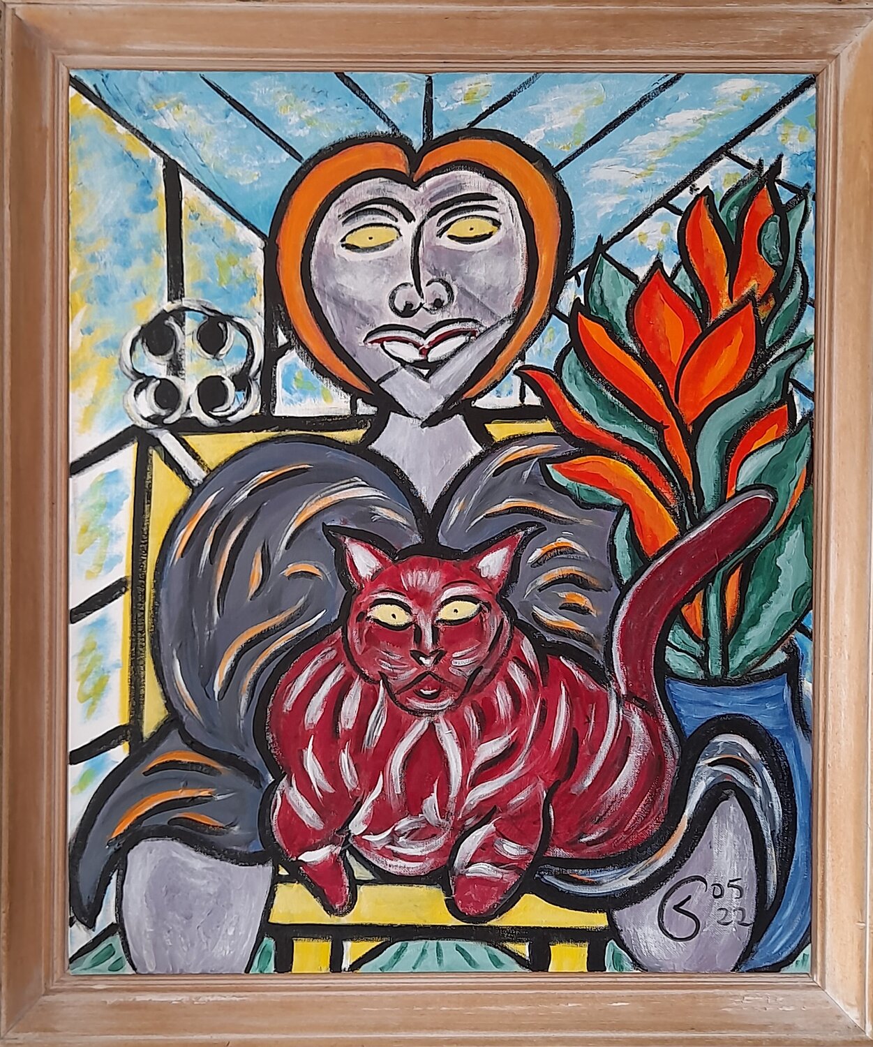 MUJER CON SU GATO SENTADA BAJO DE LA VERANDA José Garcia Arrojo Original painting for sale