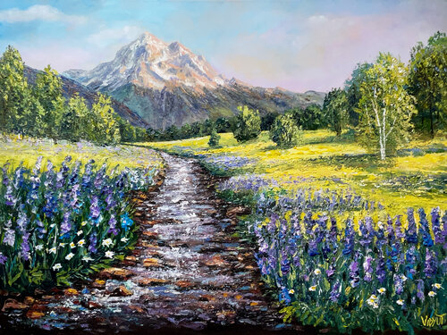 Gilded Peak and Lupine Valley by vidyut Singhal, Painting for Sale on Select