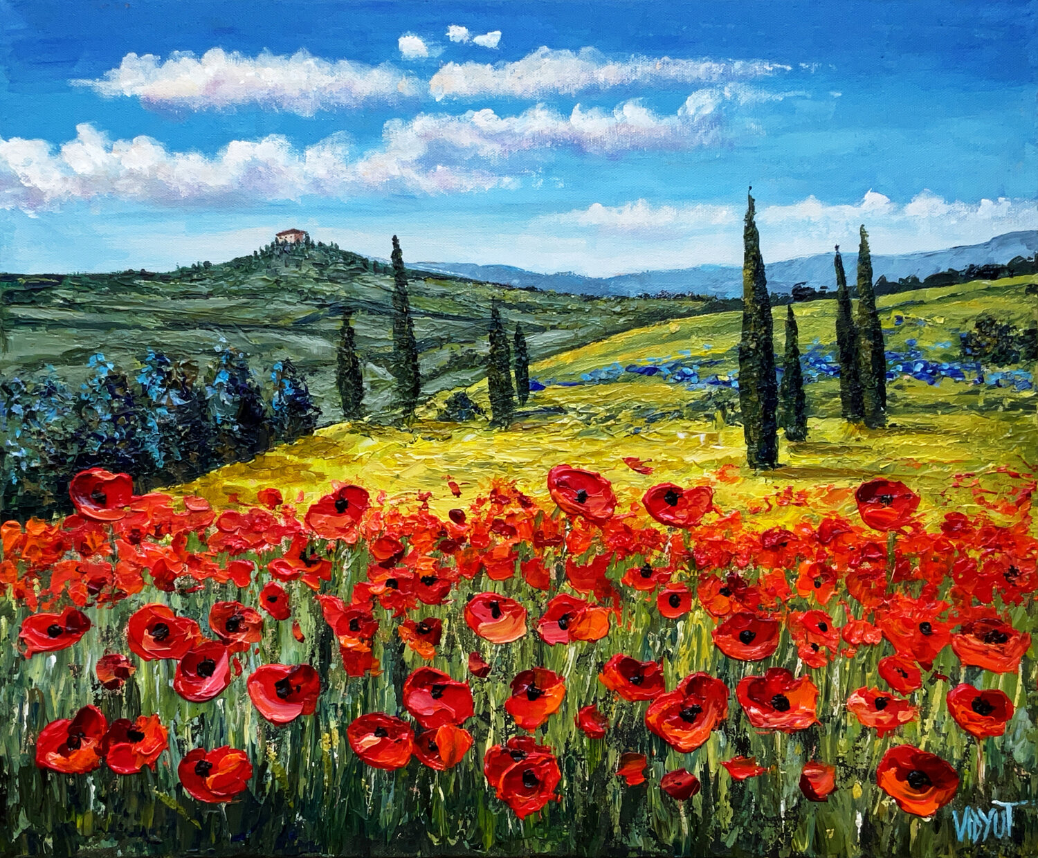 Red Petals, Rolling Hills vidyut Singhal Original painting for sale