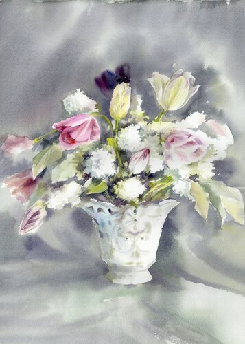 A lush bouquet of lilacs and tulips by Alla Prisacar, Painting for Sale on Select