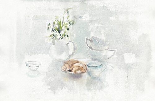 Snowdrops , morning and croissants. by Alla Prisacar, Painting for Sale on Select