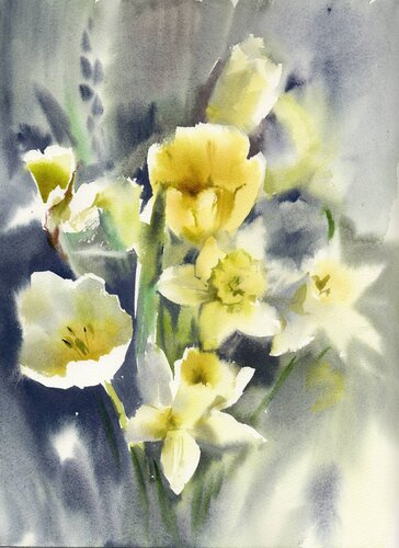 The  bouquet with tulips and daffodils. by Alla Prisacar, Painting for Sale on Select
