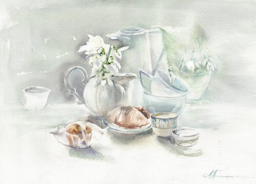 The  morning with croissants and snowdrops . by Alla Prisacar, Painting for Sale on Select