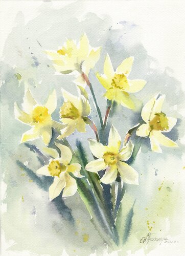 Beautiful daffodils. Watercolor flowers. by Alla Prisacar, Painting for Sale on Select