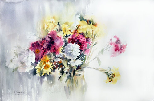 Сhrysanthemums in the rain by Alla Prisacar, Painting for Sale on Select