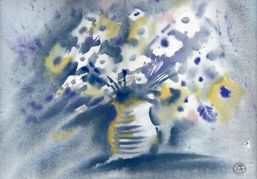 Whispering Indigo / Misty Wildflowers by Alla Prisacar, Painting for Sale on Select