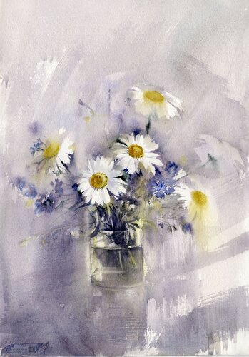 The miracles daisies. Watercolor flowers. by Alla Prisacar, Painting for Sale on Select