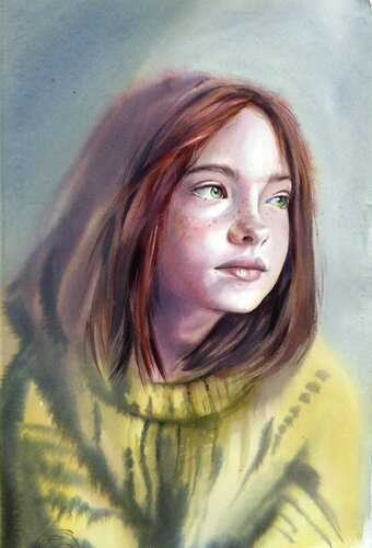 Sun-Kissed Soul. Watercolor portrait. von Alla Prisacar, Malerei kaufen auf Select