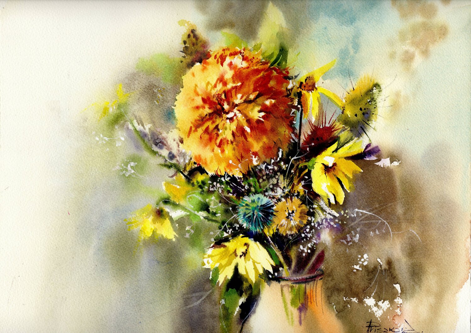 Sunflowers in Watercolor Alla Prisacar Original painting for sale