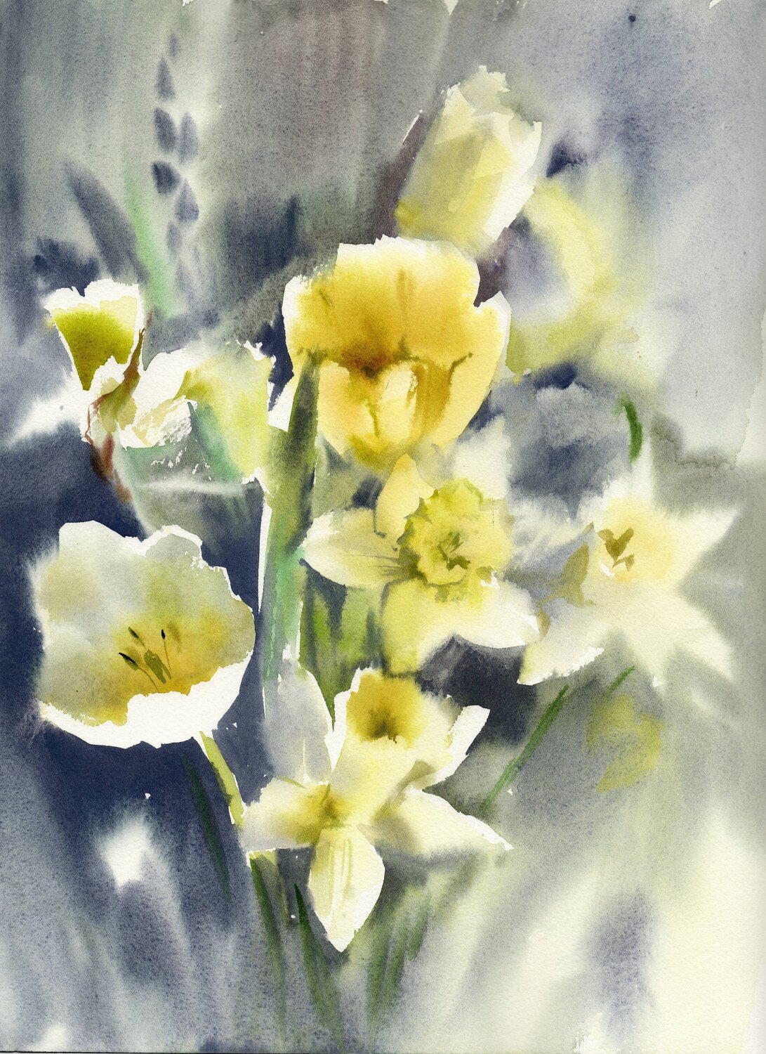 The  bouquet with tulips and daffodils. Alla Prisacar Original painting for sale