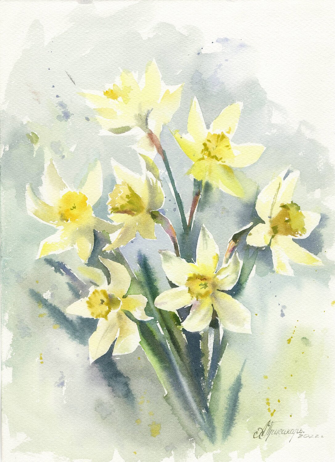 Beautiful daffodils. Watercolor flowers. Alla Prisacar Original painting for sale