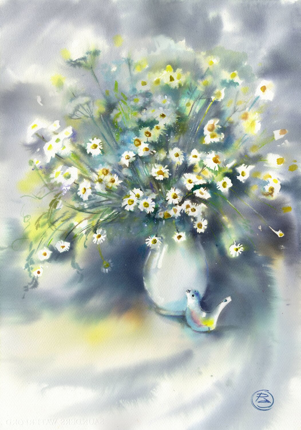 Summer Whispers or Chamomiles and a Little Bird Alla Prisacar Original painting for sale