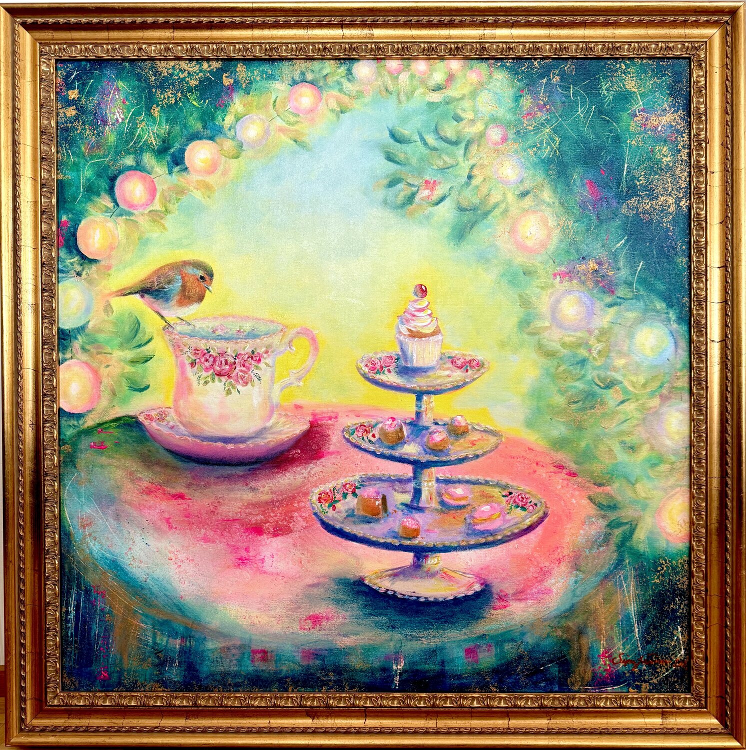 Robin´s garden cottage Sirpa Järvinen Original painting for sale